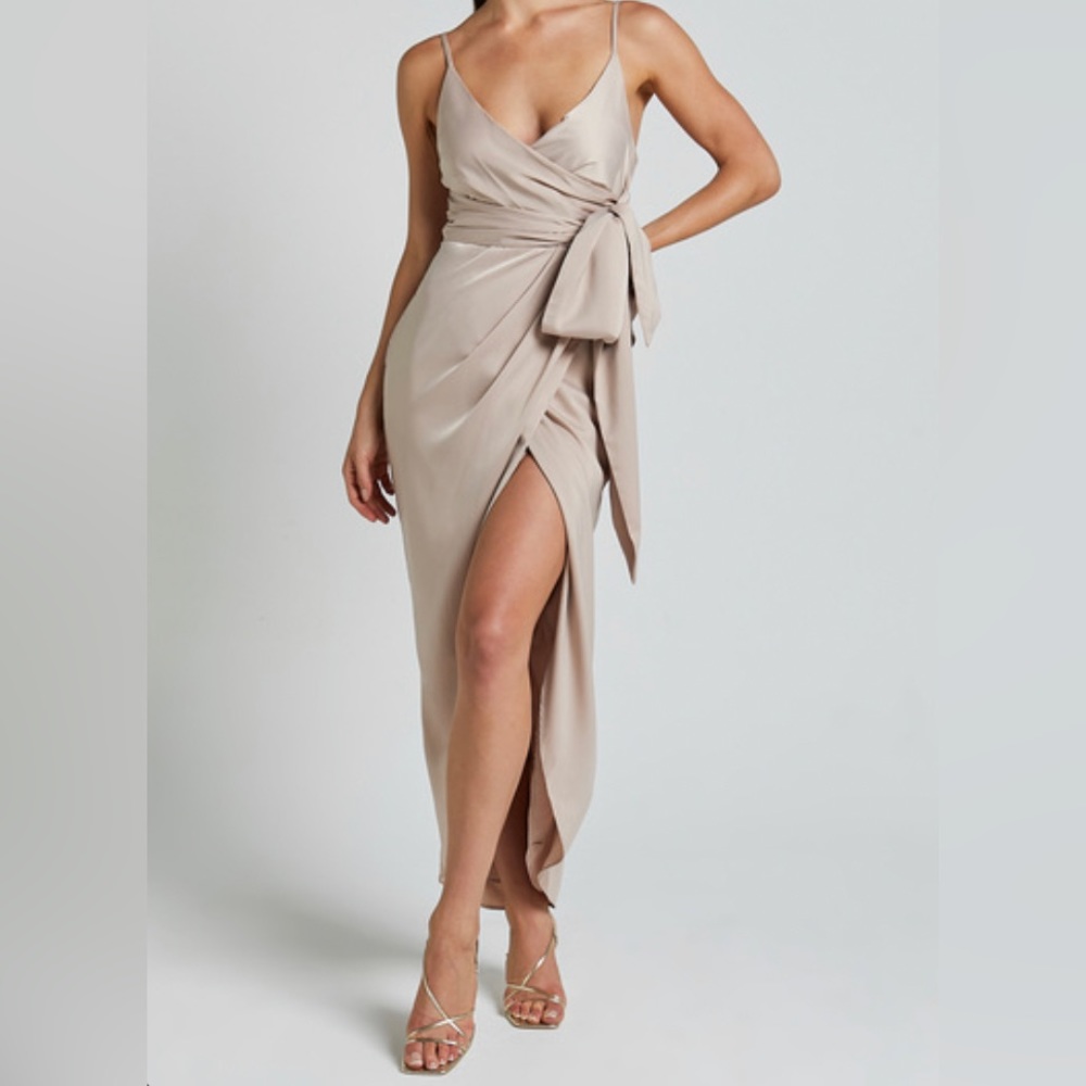 Champagne colored wrap waist tie tulip hem midi dress